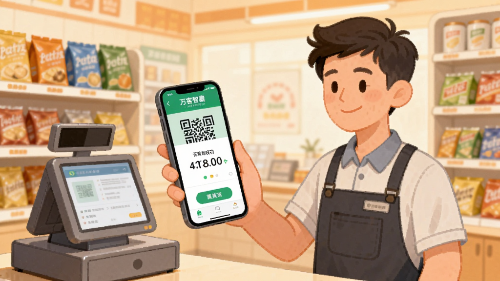 一位店主站在收银台前,手持手机使用“万客智囊”应用进行扫码收款,手机屏幕显示收款成功界面与金额;背景是整洁的小型便利店货架,色调温暖明亮;插画风格,细节清晰,画质干净,主体突出