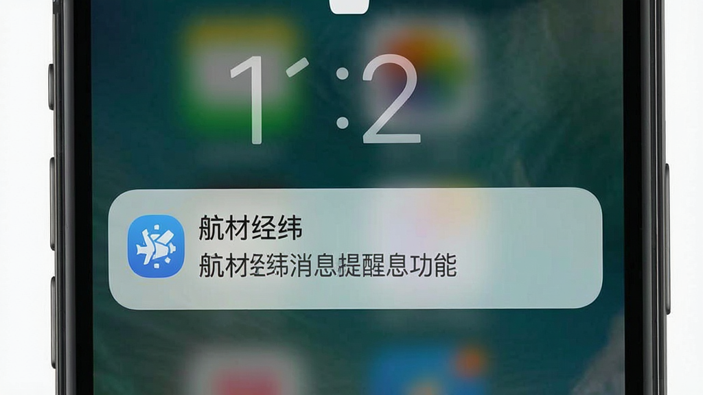 一张展示航材经纬消息提醒功能的图片,画面主体是手机屏幕弹出通知卡片,布局为锁屏界面风格,风格为简约现代,细节包括通知图标和文字,画质高清,干净,无多余元素,图片中打文字“航材经纬”。