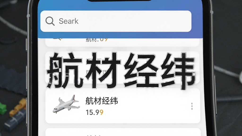 一张展示航材经纬应用搜索功能的界面截图风格图片,画面主体是手机屏幕,屏幕上显示搜索框和航材列表,布局简洁,风格为扁平化设计,细节包括搜索图标和器材条目,画质高清,干净,无多余元素,图片中打文字“航材经纬”。