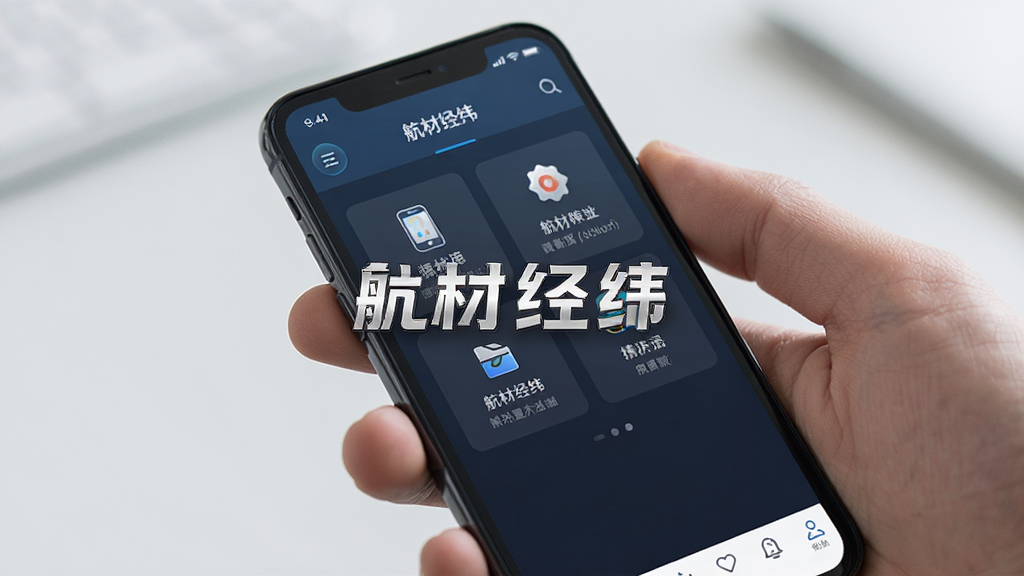 一张展示航材经纬移动端操作界面的图片,画面主体是手机屏幕显示应用主界面和功能模块,布局为手持手机特写,风格为现代简约,细节包括图标和文字,画质高清,干净,无多余元素,图片中打文字“航材经纬”。