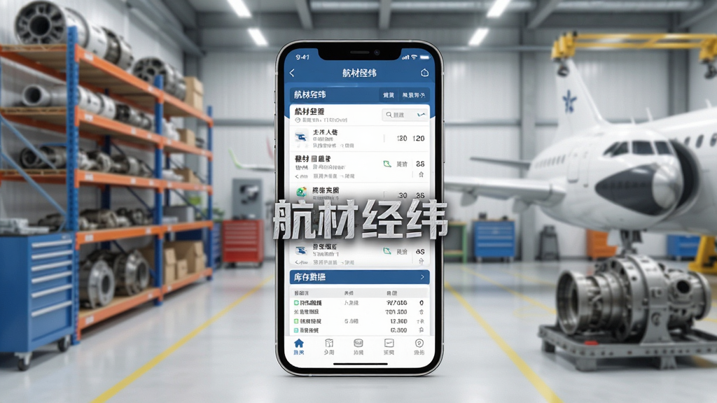 一张展示航空器材管理场景的图片,画面中央是一部智能手机,屏幕上显示着航材经纬应用的界面,包括器材列表和库存数据,背景是整洁的航空维修车间,有货架和航空零件,整体风格为写实科技风,细节清晰,画质高清,干净明亮,无多余元素,图片中打文字“航材经纬”。