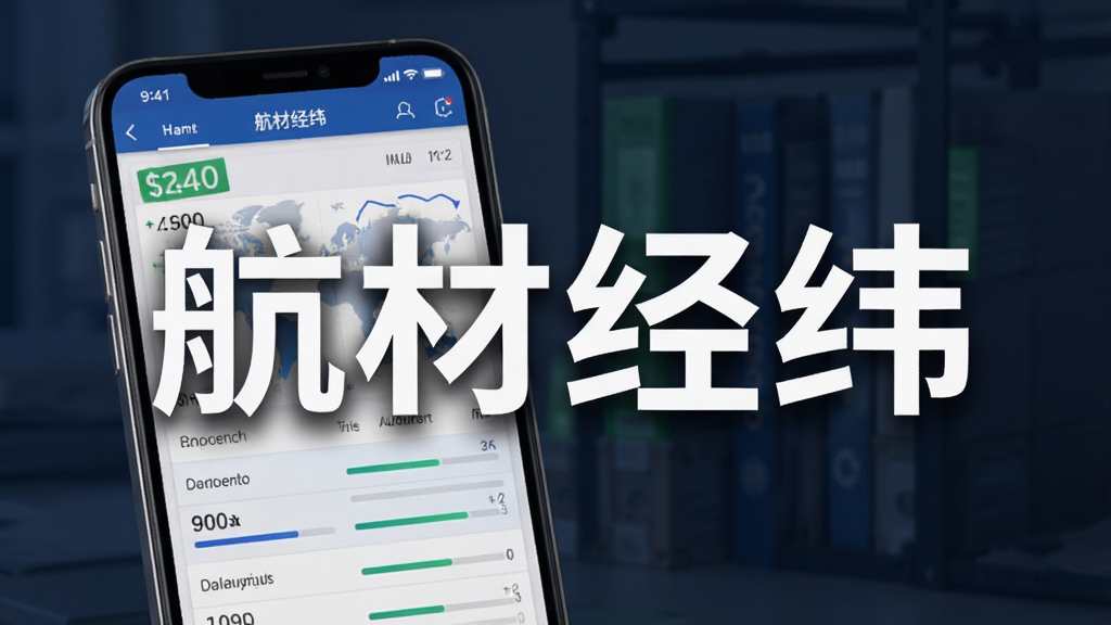 一张展示航材经纬库存管理功能的图片,画面主体是手机屏幕显示库存数据图表和列表,布局清晰,风格为现代商务风,细节包括数字和进度条,画质高清,干净,无多余元素,图片中打文字“航材经纬”。