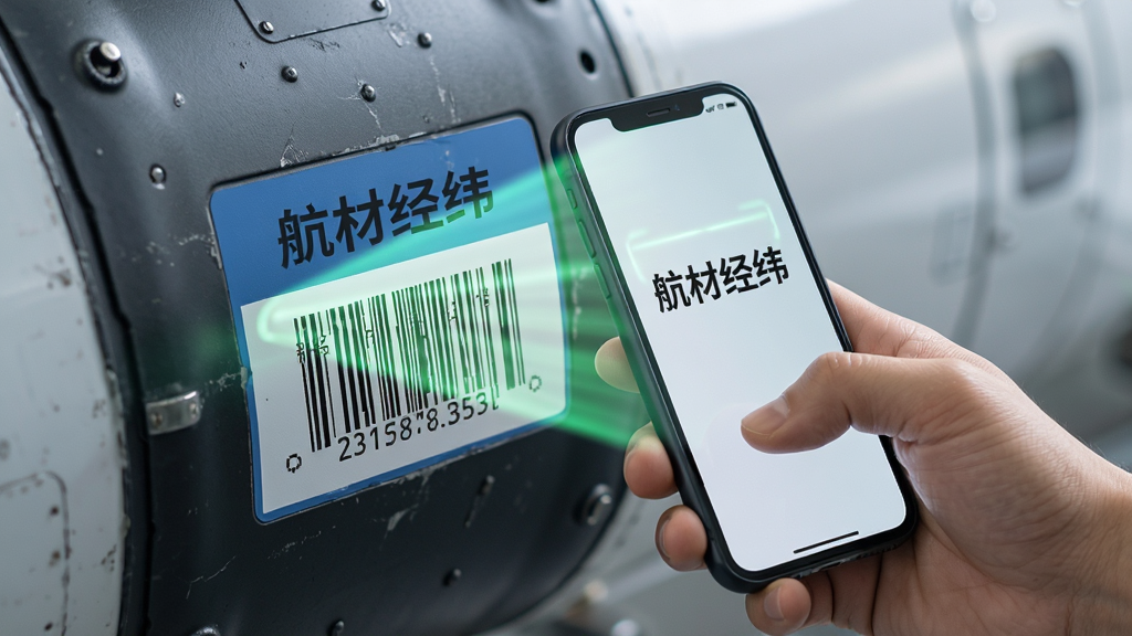 一张展示航材经纬扫码出入库功能的图片,画面主体是手持手机扫描航空器材上的条码,布局为特写镜头,风格为写实科技风,细节包括扫描光线和器材标签,画质高清,干净,无多余元素,图片中打文字“航材经纬”。