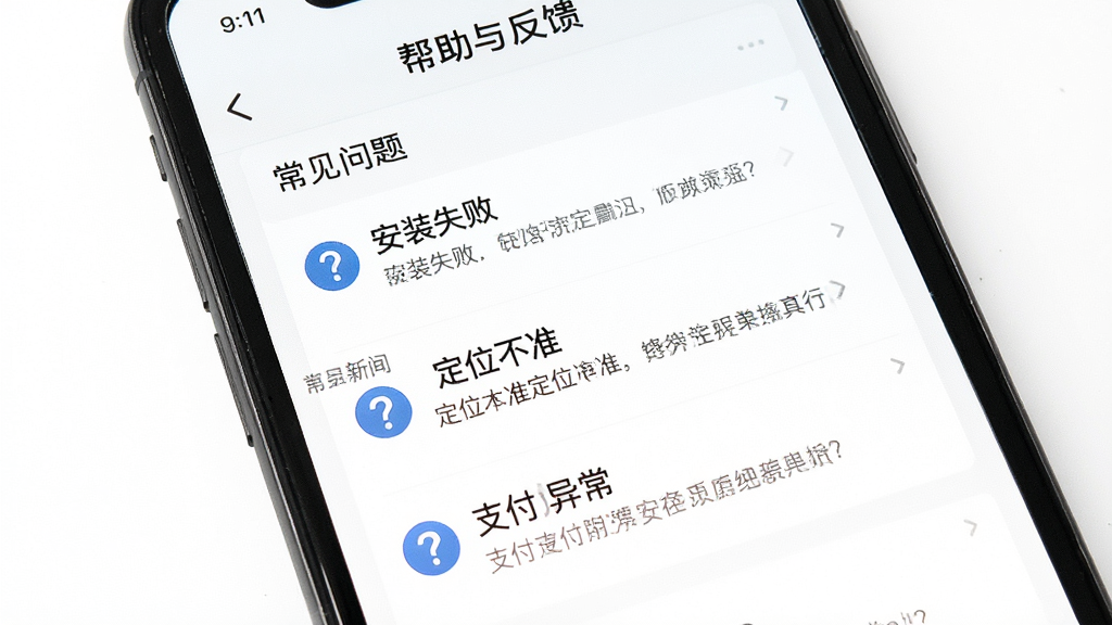 佛山易行APP新手操作指引示意图,画面展示手机屏幕内帮助与反馈页面,包含常见问题列表如安装失败、定位不准、支付异常等,背景为纯白色,布局为列表式问答,风格简洁明快,细节上每个问题前有问号图标,画质清晰,干净,无多余元素