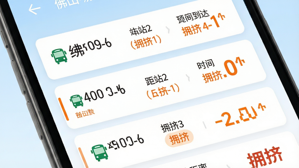 佛山易行APP实时公交查询功能界面图,画面主体为手机屏幕特写,屏幕内展示公交线路列表,每条线路显示车牌号、距离本站站数、预计到达时间,部分线路标记为拥挤,背景为淡蓝色渐变,布局采用卡片式列表,风格清新简约,细节上时间数字使用醒目的橙色,画质清晰,干净,无多余元素