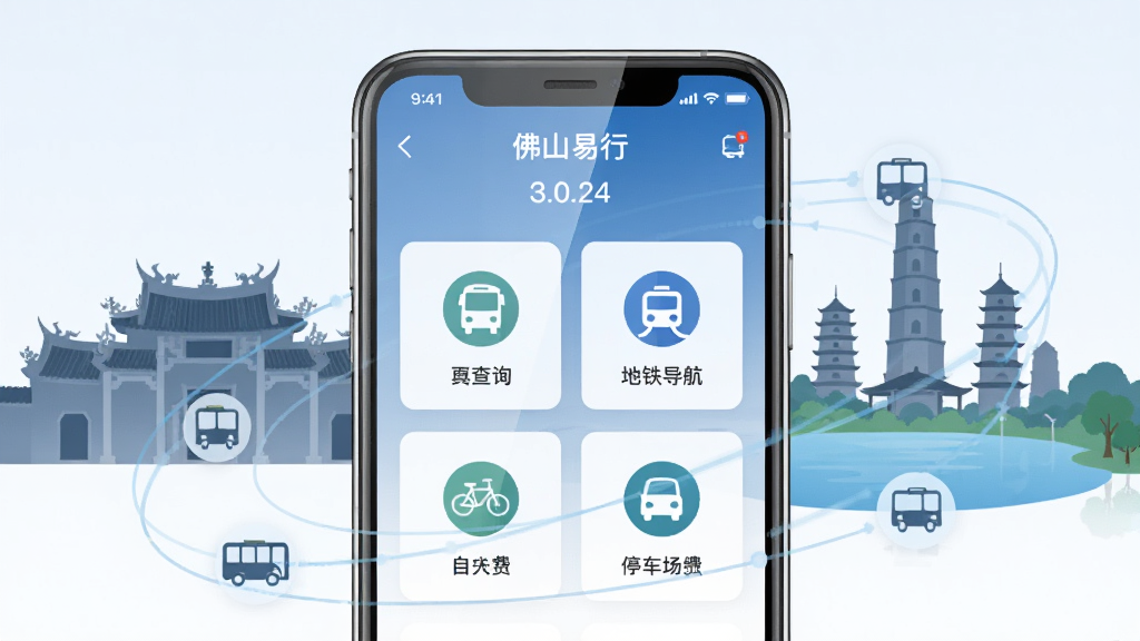 佛山易行 3.0.24版本主界面展示图,画面中央放置一部智能手机,屏幕显示佛山易行APP首页,包含公交查询、地铁导航、自行车租赁、停车场缴费等功能图标,背景为佛山城市地标剪影如祖庙、千灯湖,整体布局简洁清晰,排版采用上下结构,风格为现代扁平化科技风,细节上手机屏幕有轻微反光,周围环绕半透明数据线条与公交车辆小图标,画质高清,干净,无多余元素