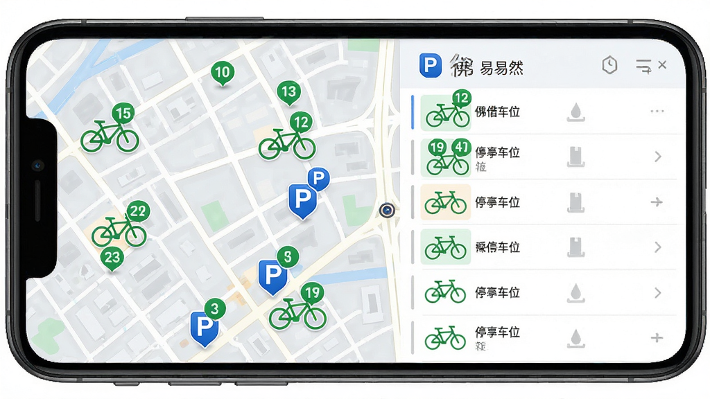 佛山易行APP公共自行车与停车场服务界面图,画面展示手机屏幕内自行车站点地图标注与停车场剩余车位列表,地图上有绿色自行车图标与蓝色P字图标,背景为浅灰色城市街区网格,布局采用地图加列表混合排版,风格现代都市感,细节上自行车图标带有数字角标显示可借数量,画质高清,干净,无多余元素