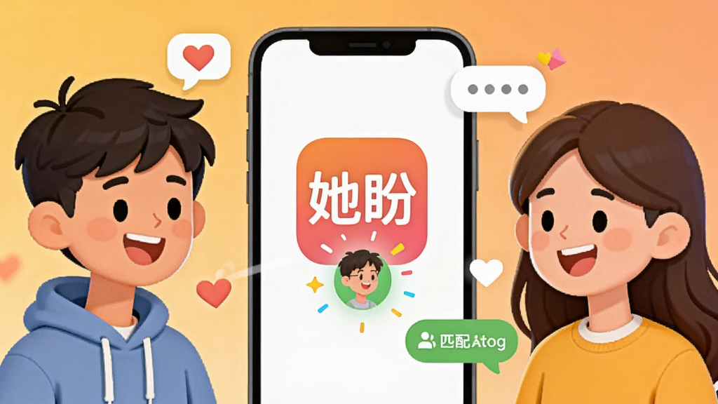 一张AI生成图,主体为两个卡通风格的年轻人在手机屏幕两侧微笑对话,屏幕中间显示