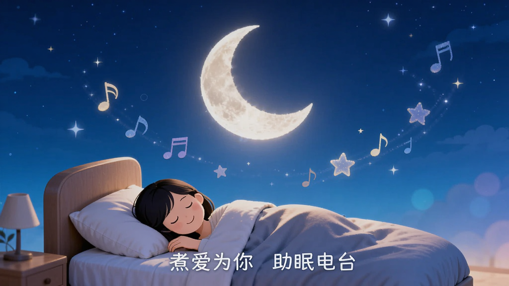 画面中心是一轮弯月挂在深蓝色夜空中,月亮下方有一张舒适的床,床上躺着闭眼微笑的人,周围漂浮着音符和星星,背景为宁静的夜空渐变,风格梦幻治愈,细节上月光有柔和光晕,画质清晰干净,图片中文字标注“煮爱为你 助眠电台”
