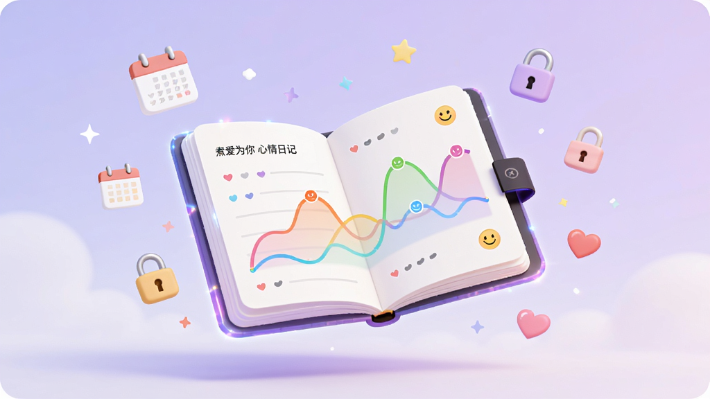 画面中心是一本打开的电子日记本悬浮在空中,日记本页面显示彩色情绪曲线和笑脸图标,周围漂浮着日历、锁和爱心等小图标,背景为浅紫色渐变,风格清新柔和,细节上日记本有轻微发光效果,画质干净清晰,图片中文字标注“煮爱为你 心情日记”