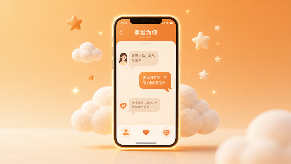 整体画面以暖橙色与米白色为主色调,中心位置放置一部智能手机,手机屏幕中显示煮爱为你软件的主界面,界面中包含对话气泡和心形图标,手机周围环绕柔和的云朵与星星元素,背景为简洁的渐变暖色,风格温馨治愈,细节上手机边缘有微微发光效果,画质清晰干净,无多余元素,图片中文字标注“煮爱为你”