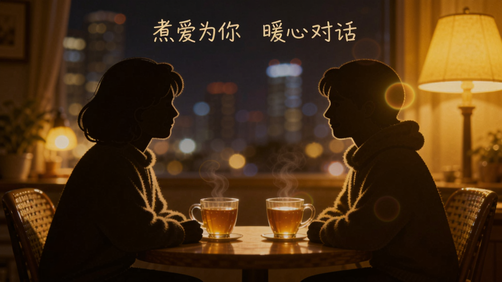 画面中央展示两个人物剪影面对面坐在暖黄色灯光下,桌上放着两杯冒热气的茶,背景是模糊的城市夜景,风格温暖治愈,细节上人物轮廓柔和,灯光有光晕效果,画质清晰干净,图片中文字标注“煮爱为你 暖心对话”