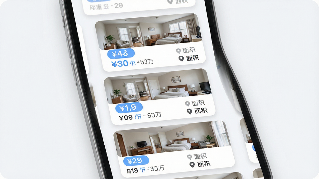 Ҽ��õ�APP��Դ�����Ƽ�����չʾͼ������Ϊ�ֻ���Ļ��д����������չʾ�����Դ�Ƽ���Ƭ�������У�ÿ�ſ�Ƭ��������ʵ��Сͼ���۸��ǩ�������Ϣ�͵���λ�ñ�ǩ������Ϊ���¹���ʽ�б��Ű档���Ϊ����ǳɫϵUI��ƣ�ϸ�ڰ�����ɫ�����ļ۸����֡���ɫ����˵�����֡�Բ�ǿ�Ƭ�����ͶӰ�����ʸ���ɾ��޶���Ԫ�ء�
