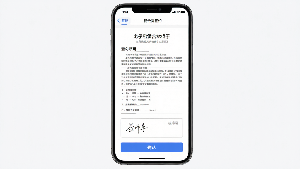 Ҽ��õ�APP���Ӻ�ͬǩԼ����ʾ��ͼ������Ϊ�ֻ���Ļ��������ʾһ�ݵ������޺�ͬ�ĵ����ײ���ǩ�������ȷ�ϰ�ť������Ϊ�ĵ�����չʾ����ť�̶��ײ������Ϊ�����Լ��UI��ƣ�ϸ�ڰ�����ʽ�ĺ�ͬ�Ű桢��ɫȷ�ϰ�ť����ɫ�������������ʸ���ɾ��޶���Ԫ�ء�
