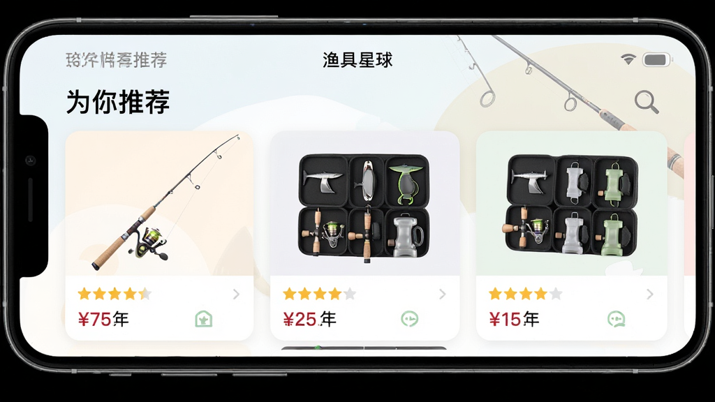 一张手机应用截图,展示“渔具星球”个性化推荐页面,页面上方有“为你推荐”字样,下方是鱼竿和钓组套装卡片,每张卡片有评分和价格,背景简洁,配色柔和,画质高清