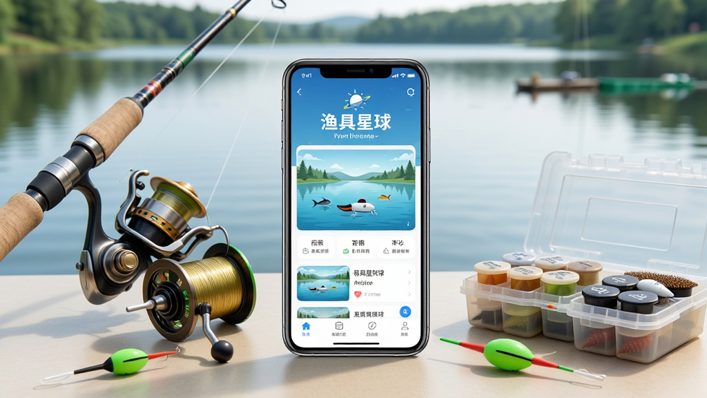 一张展示钓鱼装备和手机应用界面的图片,画面中央是一部智能手机,屏幕上显示“渔具星球”应用的主页,周围摆放着鱼竿、鱼线轮、浮漂和饵料盒等钓鱼用品,背景是宁静的湖边,整体风格干净明亮,细节清晰,画质高清,无多余元素