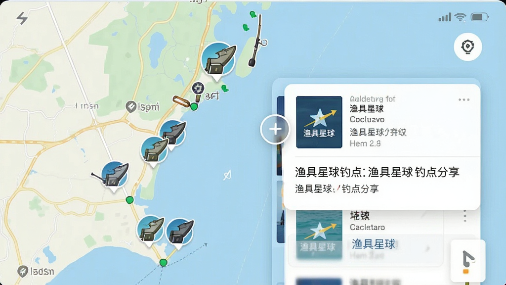 一张手机地图界面截图,地图上标注了多个钓点图标,点击图标弹出详细信息卡片,显示“渔具星球”钓点分享页面,背景为浅色地图,图标清晰,布局简洁,画质高清
