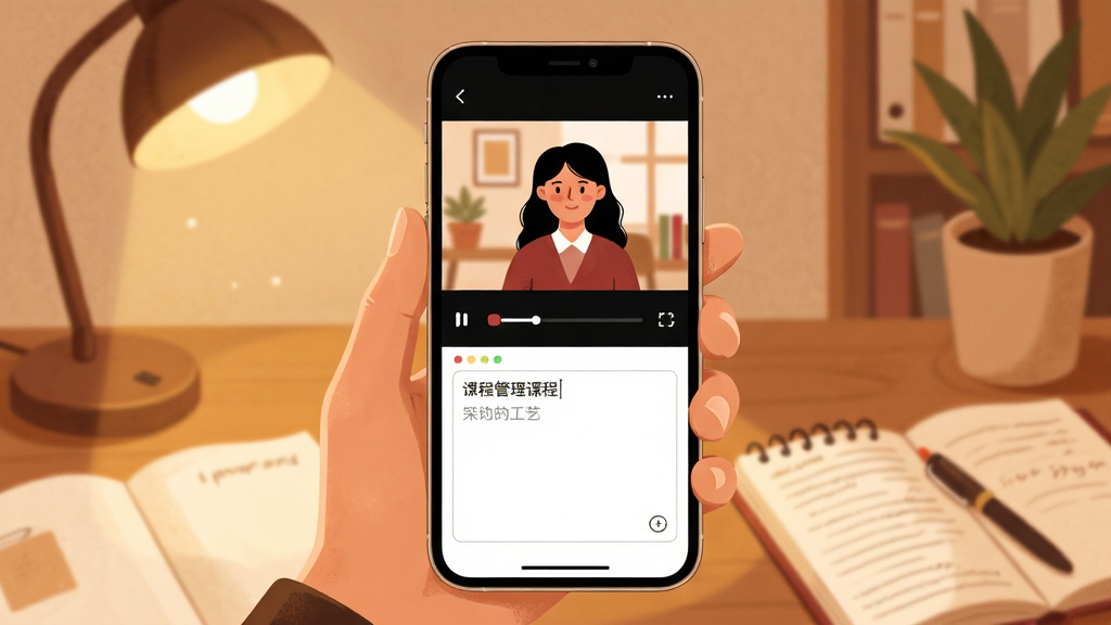 哈佛管理导师移动端学习场景插画,主体为一只手拿着手机显示课程视频播放界面,布局为居中构图,排版上方为视频区域下方为笔记输入框,风格为温暖学习氛围,细节包含台灯与笔记本元素,画质高清,干净无多余元素