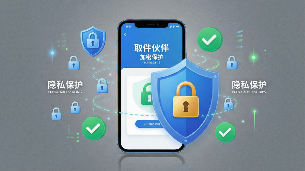 一张展示取件伙伴隐私安全功能的示意图,画面中央是一部手机和一个盾牌图标,盾牌上有锁形标志,手机屏幕显示