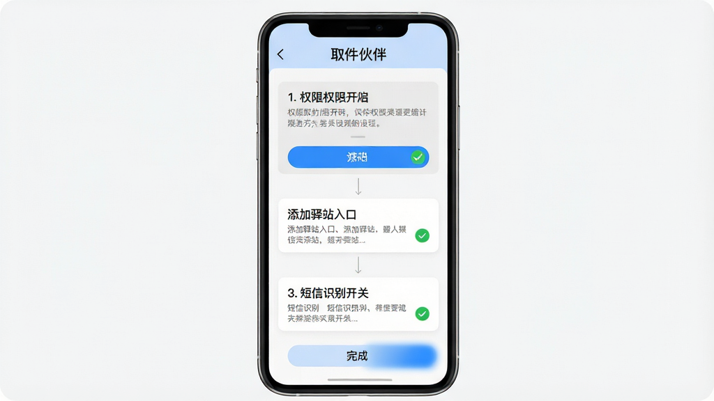 一张展示取件伙伴新手设置引导界面的手机截图,画面中央是手机屏幕,屏幕内显示分步设置向导,包含权限开启提示、添加驿站入口、短信识别开关等设置项,顶部有