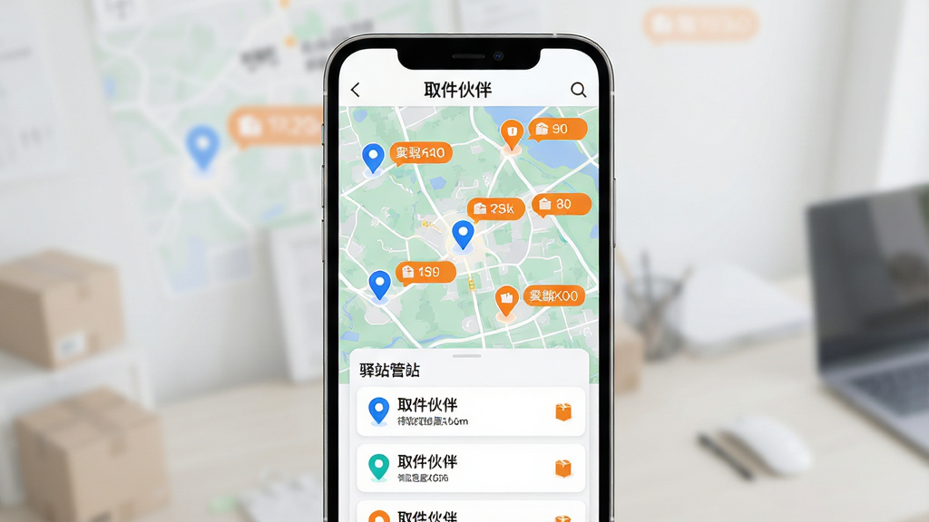 一张展示取件伙伴多驿站管理功能的界面图,画面中央是手机屏幕,屏幕内显示地图模式下的多个驿站标记点,每个标记点旁有驿站名称和待取包裹数量,底部有驿站列表卡片,顶部有