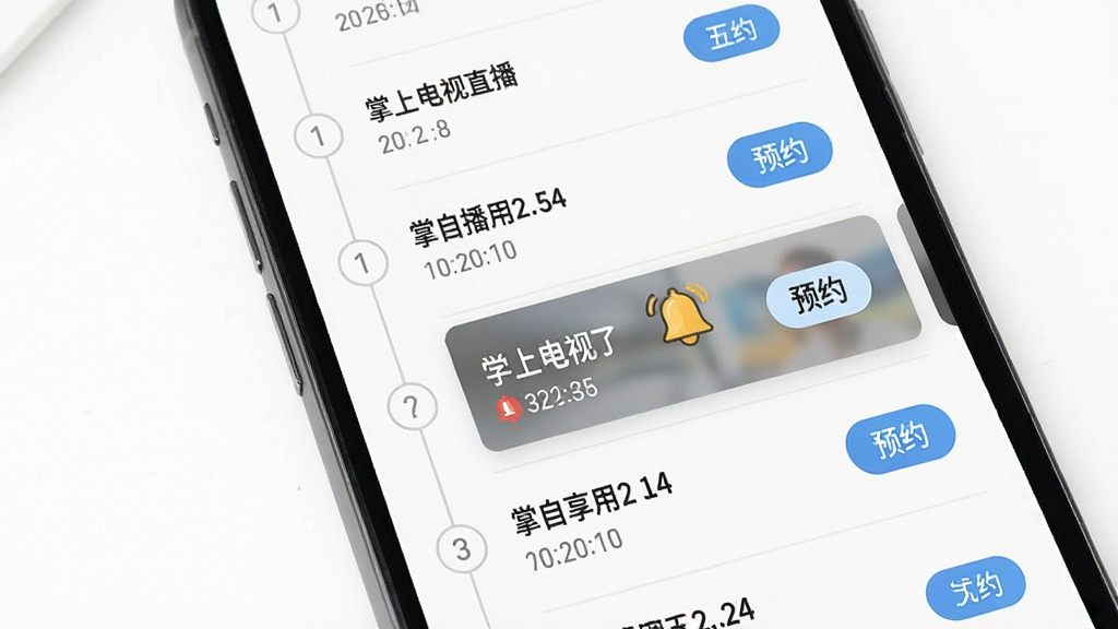 掌上电视直播节目预约功能展示,主体为手机屏幕显示节目单列表,列表中某节目旁有铃铛提醒图标,布局为纵向时间轴排版,风格为清新简约风,细节包括节目名称、播出时间、预约按钮,画质清晰,背景为白色,无多余装饰