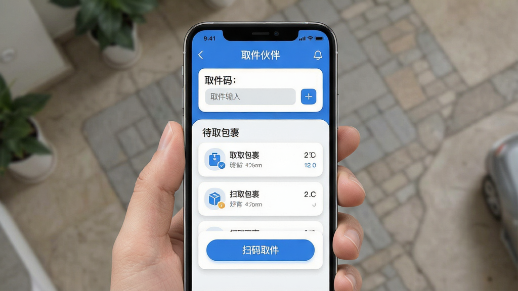 一张展示取件伙伴软件主界面的手机截图,画面中央是手机屏幕,屏幕内展示取件伙伴应用首页,顶部有