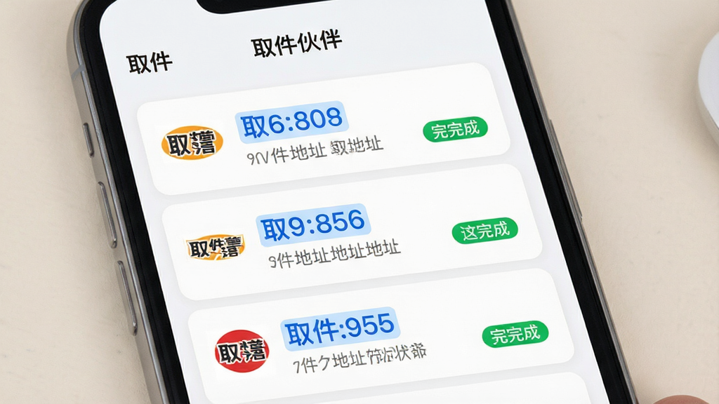 一张展示取件伙伴取件码管理功能的手机界面图,画面中央是手机屏幕,屏幕内显示取件码列表,每条记录包含快递公司logo、取件码数字、取件地址和取件状态标签,顶部有