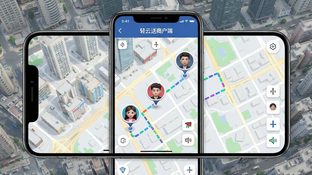 手机屏幕显示“轻云送商户端”骑手位置追踪地图界面,地图上有骑手头像图标与配送路线虚线,背景为城市街道俯视图,布局采用手机居中、地图铺满屏幕的排版,风格为现代导航应用视觉,细节上路线颜色鲜明、图标立体,画质高清干净,无多余元素