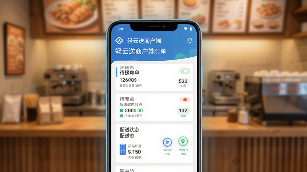 画面中央是一部安卓智能手机,屏幕上显示“轻云送商户端”订单管理界面,界面内包含待接单列表与配送状态图标,背景是温馨的餐饮店铺柜台场景,布局采用主体居中、四周留白的排版,风格为现代扁平化科技感,细节上手机边缘有柔和光影,界面文字清晰锐利,画质为高清4K,干净无多余元素