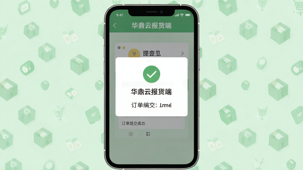 手机屏幕显示“华鼎云报货端”的订单提交成功页面,布局为居中弹窗样式,背景为浅绿色,风格为清新扁平风,细节包括对勾图标和订单编号文字,画质清晰干净无多余元素