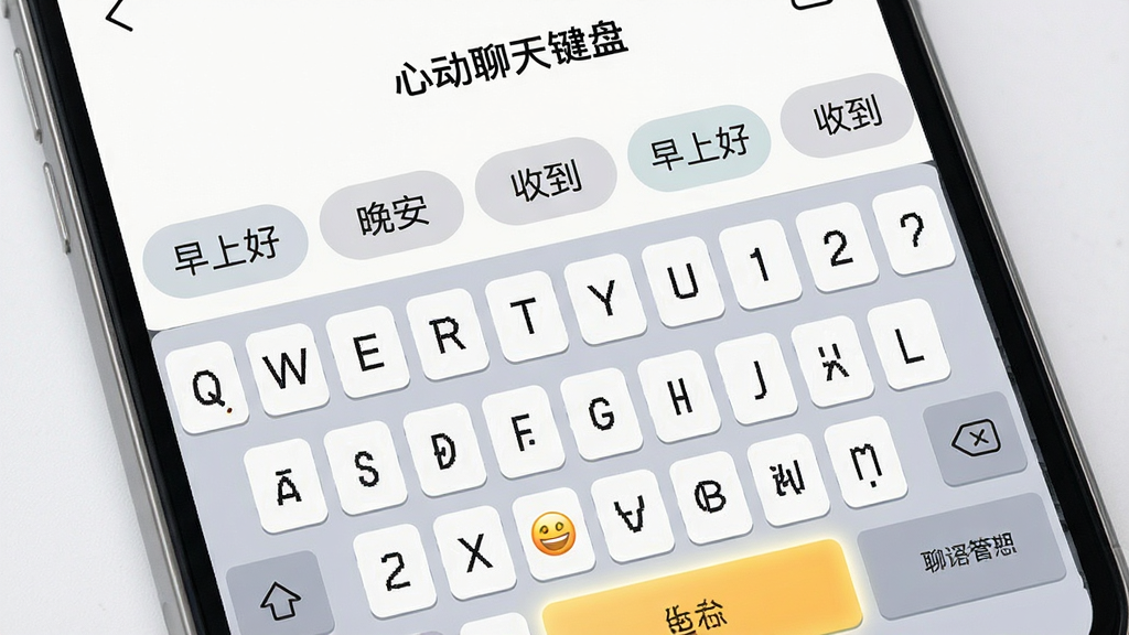 一张展示“心动聊天键盘”快捷短语功能的图片。手机屏幕显示键盘上方有一排横向滚动的快捷短语标签,如“早上好”“晚安”“收到”等,下方键盘区域有表情按钮高亮。布局为上下结构,风格为清爽移动端界面,细节精致,画质清晰,干净无多余元素。