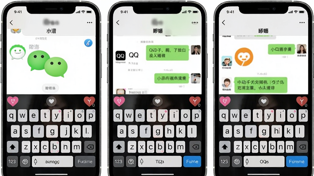 一张展示“心动聊天键盘”在多款社交应用中使用的图片。画面中手机屏幕同时展示微信、QQ、陌陌三个聊天窗口的缩略图,每个窗口上方都有心动聊天键盘的彩色皮肤效果。布局为三列并排,风格为产品功能展示图,细节清晰,画质干净,无多余元素。