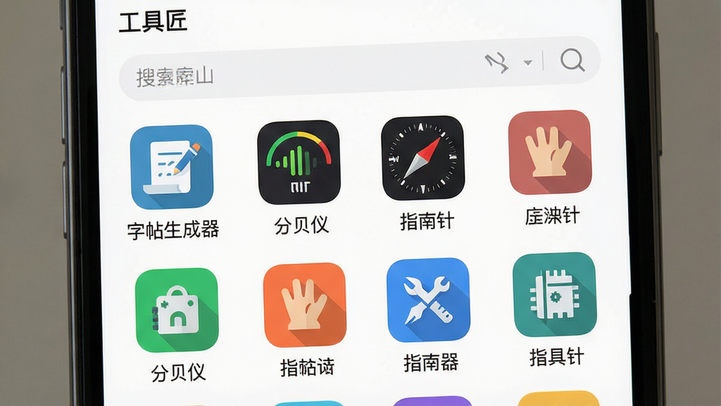 一张展示“工具匠”应用内工具列表的图片,画面主体为手机屏幕,屏幕上显示分类清晰的工具图标网格,包含“字帖生成器”“分贝仪”“指南针”等文字标签,布局为两列网格,风格清新扁平化,细节包括图标颜色区分和搜索框,画质高清,干净,无多余元素