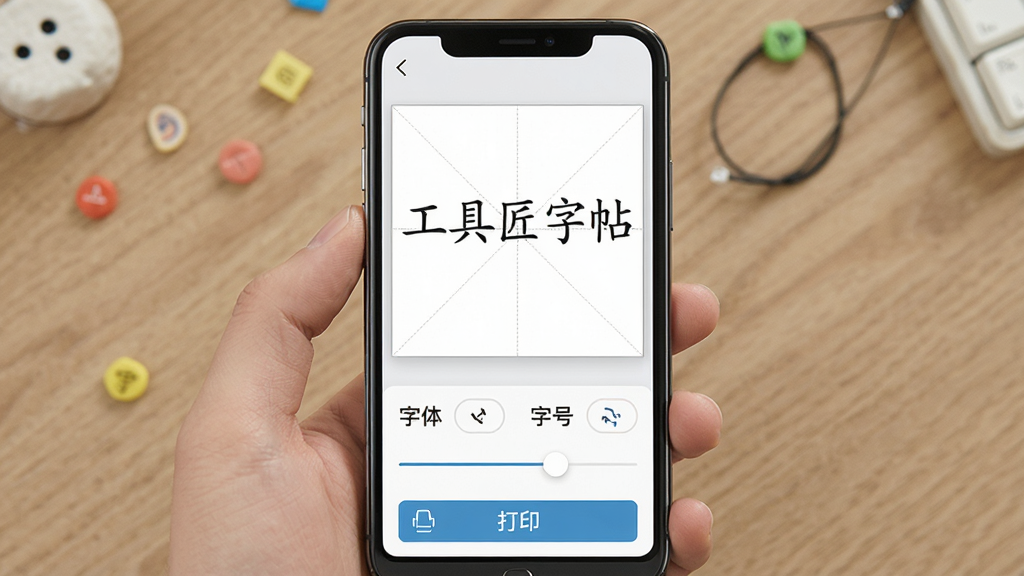 一张展示“工具匠”字帖生成器功能界面的图片,画面主体为手机屏幕,屏幕上显示田字格字帖预览效果,下方有字体选择和字号调节滑块,布局为上下结构,风格简约教育风,细节包括预览文字“工具匠字帖”和打印按钮,画质高清,干净,无多余元素