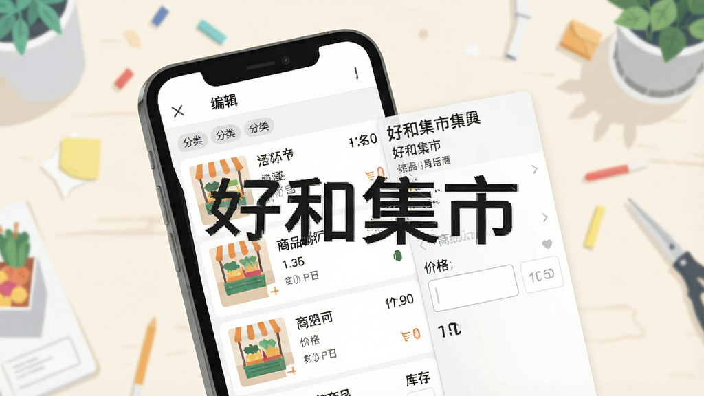 一张表现好和集市商品管理功能的AI生图,画面主体是手机屏幕内显示商品列表和编辑界面,布局为左侧商品缩略图、右侧文字信息,背景是简洁的浅色工作台,风格为现代扁平插画,细节包括分类标签、价格输入框和库存数字,画质高清干净,无多余元素,画面中打文字“好和集市”。