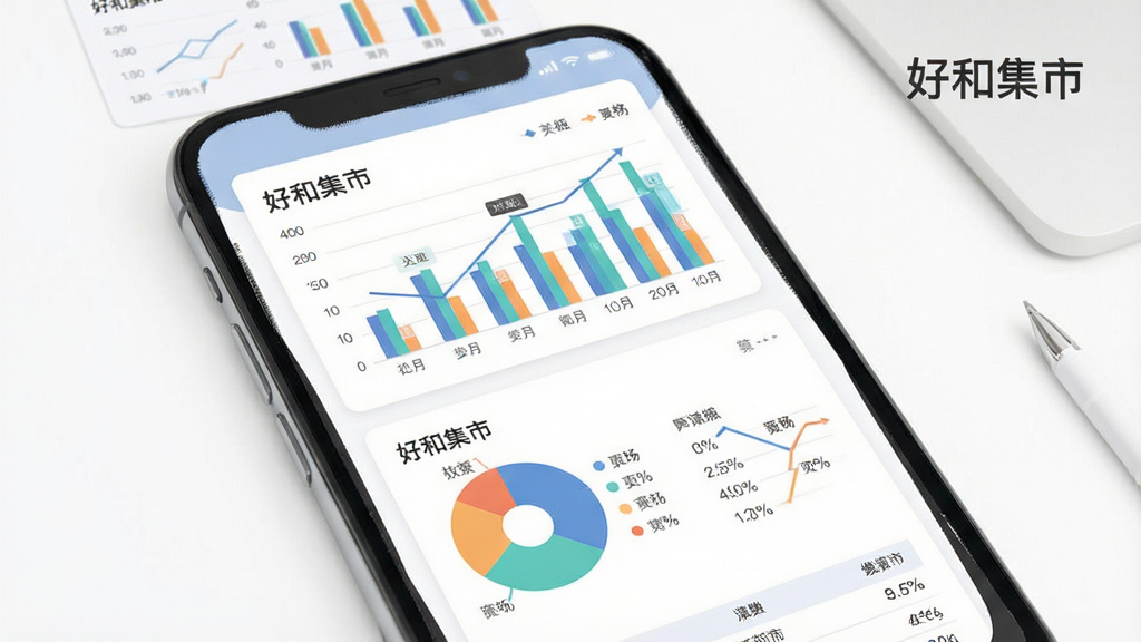 一张展示好和集市数据统计功能的AI生图,画面主体是手机屏幕内显示柱状图和饼状图,布局为上下排列的图表卡片,背景是干净的白色桌面,风格为商务简约插画,细节包括数据标签、趋势线和统计表头,画质高清干净,无多余元素,画面中打文字“好和集市”。