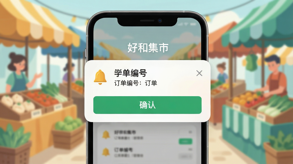 一张展示好和集市订单提醒功能的AI生图,画面主体是手机屏幕弹出订单通知卡片,布局为通知框居中显示,背景是模糊的集市摊位场景,风格为清新简约插画,细节包括铃铛图标、订单编号和确认按钮,画质高清干净,无多余元素,画面中打文字“好和集市”。