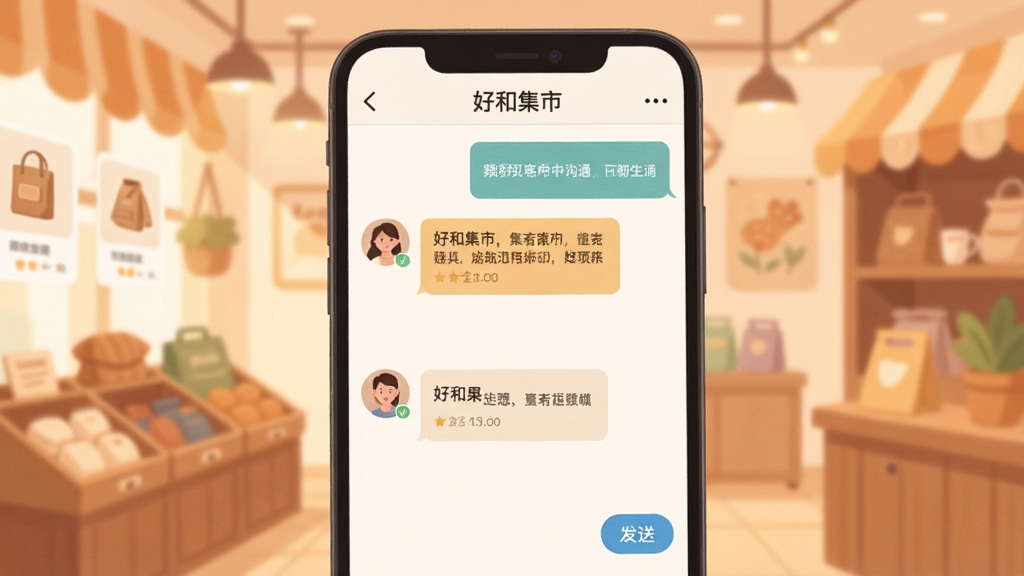 一张表现好和集市客户沟通功能的AI生图,画面主体是手机聊天界面,布局为左右对话气泡,背景是暖色调的店铺环境,风格为柔和扁平插画,细节包括商品小卡片、发送按钮和头像图标,画质高清干净,无多余元素,画面中打文字“好和集市”。