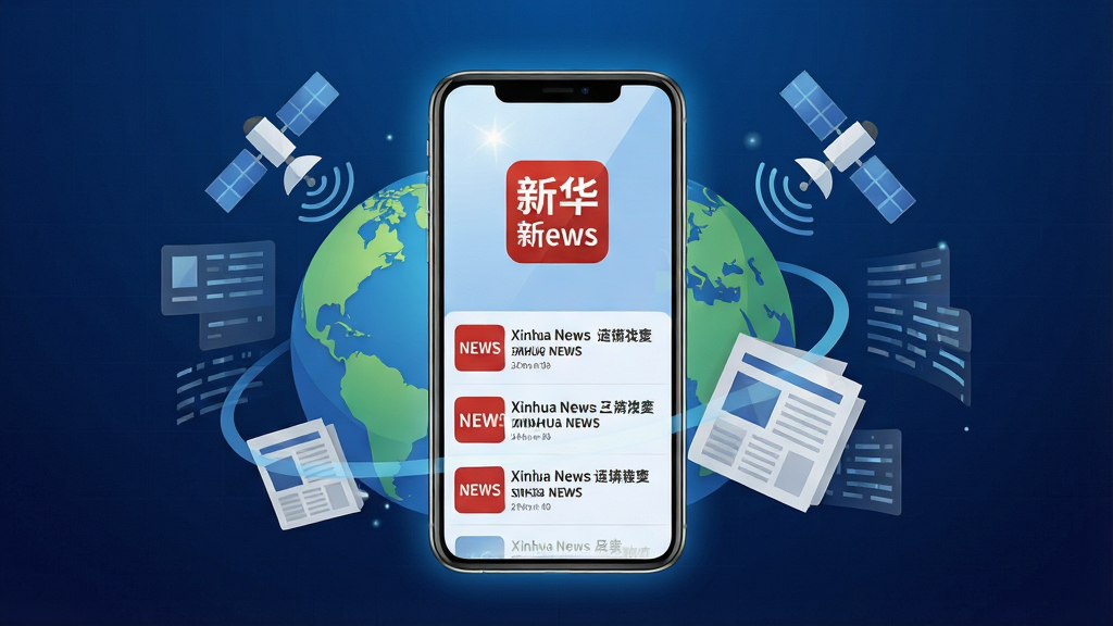 一张展现新华新闻Xinhua News移动应用主界面的高质量数字插画,画面中央是一部现代智能手机,屏幕上清晰显示着“Xinhua News”标志和滚动新闻头条,手机周围环绕着抽象的地球、报纸、卫星信号和文字数据流元素,布局采用中心对称构图,排版简洁大气,风格为现代科技感扁平化设计,细节上手机屏幕有微光反射,背景为深蓝色渐变并带有细腻的网格纹理,画质为4K超高清,画面干净无多余元素。