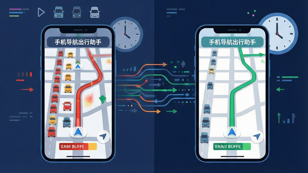 一张表现手机导航出行助手实时路况避堵功能的AI生图,画面主体为一部手机屏幕显示红色拥堵路段与绿色畅通路线对比,手机旁边有抽象的数据流线条和时钟图标,布局采用左右分栏,左侧拥堵右侧畅通,风格科技感扁平插画,细节包括道路网格、车辆小图标、路况色带,画质清晰干净,无多余元素,图中文字标注“手机导航出行助手”
