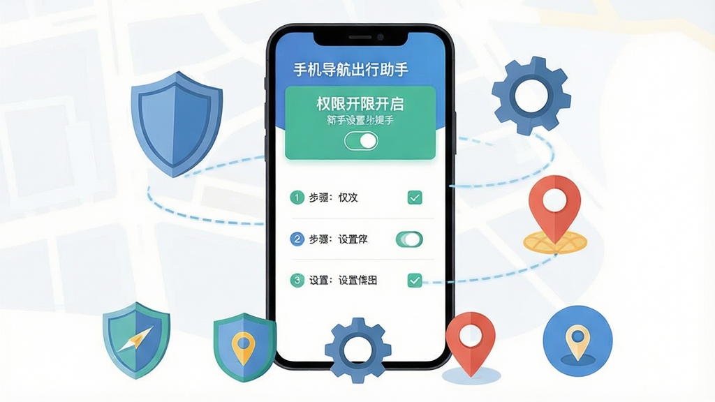 一张展示手机导航出行助手新手设置引导界面的AI生图,画面主体为手机屏幕显示权限开启提示与设置步骤列表,周围环绕盾牌、齿轮、定位图标等元素,布局采用上下结构,上方为手机下方为图标环绕,风格简约商务扁平插画,细节包括勾选标记、权限开关、步骤序号,画质清晰干净,无多余元素,图中文字标注“手机导航出行助手”