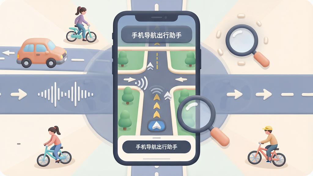 一张展示手机导航出行助手语音播报与路口放大功能的AI生图,画面中央为手机屏幕显示放大的路口示意图与语音波纹图标,周围环绕汽车、行人、自行车等出行元素,布局采用中心辐射式,风格柔和圆角插画,细节包括语音波形、放大镜效果、方向箭头,画质清晰干净,无多余元素,图中文字标注“手机导航出行助手”