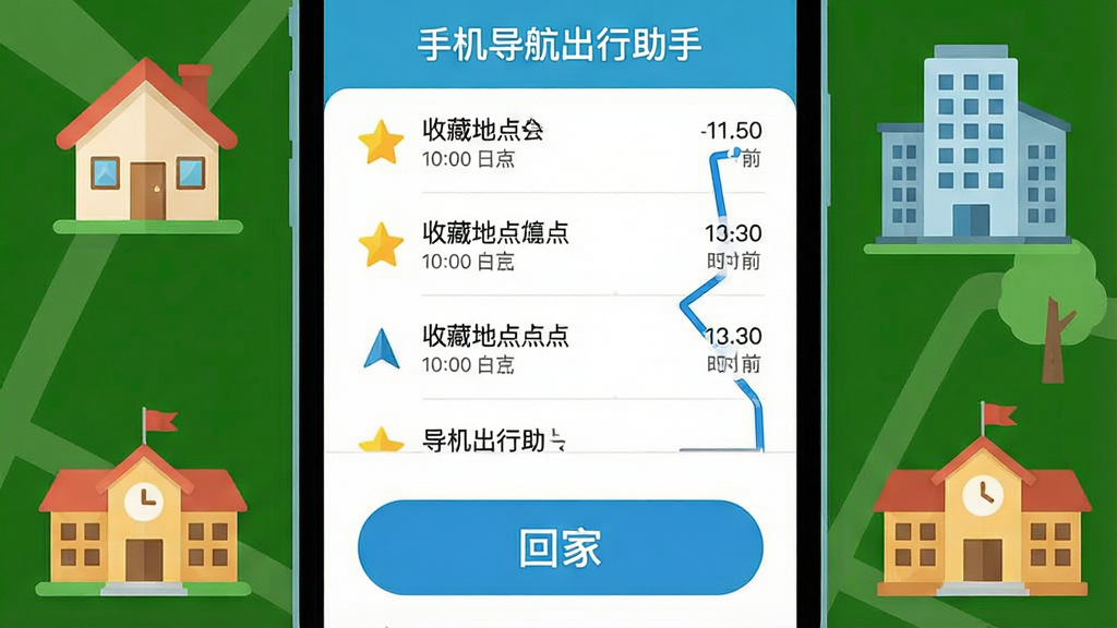 一张表现手机导航出行助手收藏地点与一键回家功能的AI生图,画面主体为手机屏幕显示收藏地点列表与回家按钮,周围环绕房屋、公司大楼、学校等图标,布局采用上下结构,上方为收藏列表下方为快捷按钮,风格清新浅色扁平插画,细节包括星标图标、路线连线、时间提示,画质清晰干净,无多余元素,图中文字标注“手机导航出行助手”