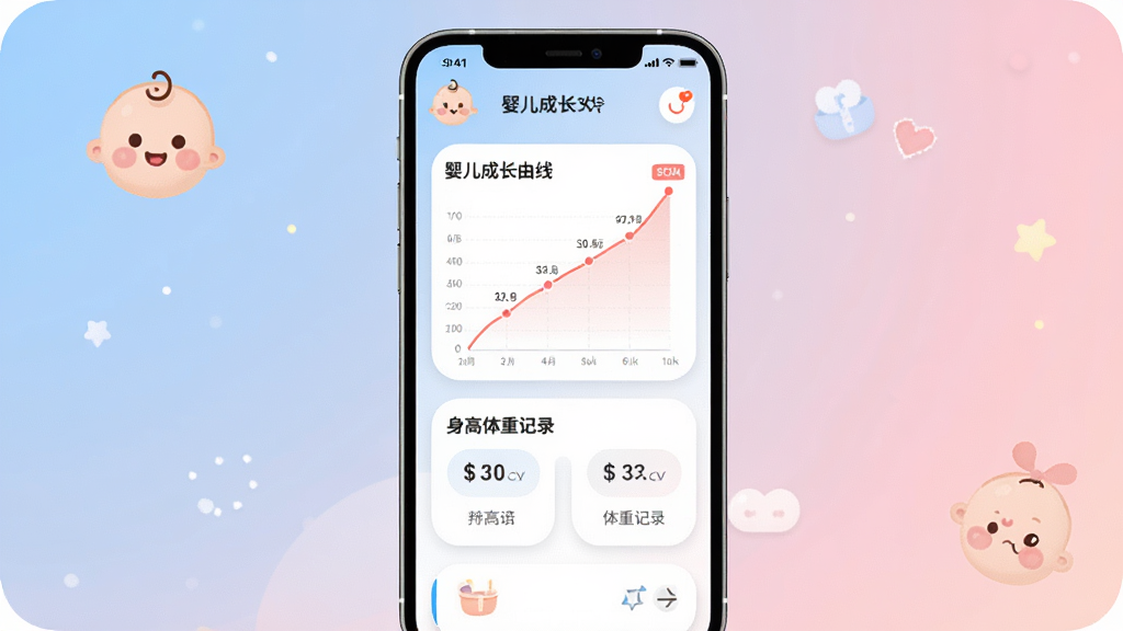 主体为一款手机应用界面展示,布局为居中放置的智能手机屏幕,屏幕内显示婴儿成长曲线图表和身高体重记录卡片,排版简洁清晰,风格为温馨育儿风,细节包括柔和的蓝粉渐变背景、卡通婴儿图标、数据卡片圆角设计,画质高清,干净,无多余元素