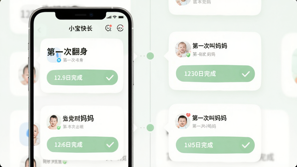 主体为小宝快长APP的里程碑提醒界面,布局为手机屏幕竖版展示,排版为时间轴形式排列多个里程碑卡片,风格为清新卡片式UI风格,细节包括“第一次翻身”“第一次叫妈妈”等文字标签、勾选完成按钮、柔和绿色调,画质高清,干净,无多余元素