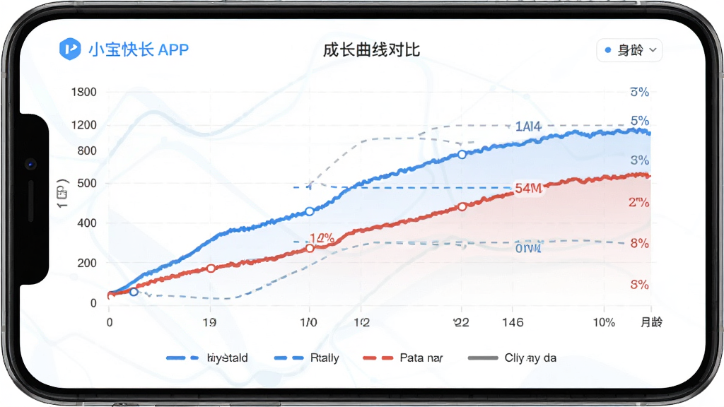 主体为小宝快长APP内的成长曲线对比界面,布局为全屏手机截图,排版为曲线图占据主要区域、下方有数据图例,风格为医疗健康类数据可视化风格,细节包括蓝红双色曲线、百分位标注线、月龄横轴、身高纵轴,画质高清,干净,无多余元素