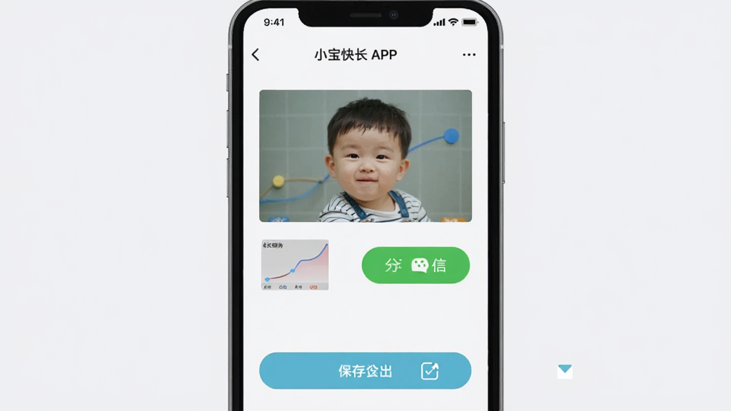 主体为小宝快长APP的数据导出分享界面,布局为手机屏幕展示导出预览图,排版为上方预览图下方导出按钮,风格为简约工具类UI风格,细节包括成长曲线缩略图、分享到微信按钮、保存到相册按钮、浅灰色背景,画质高清,干净,无多余元素