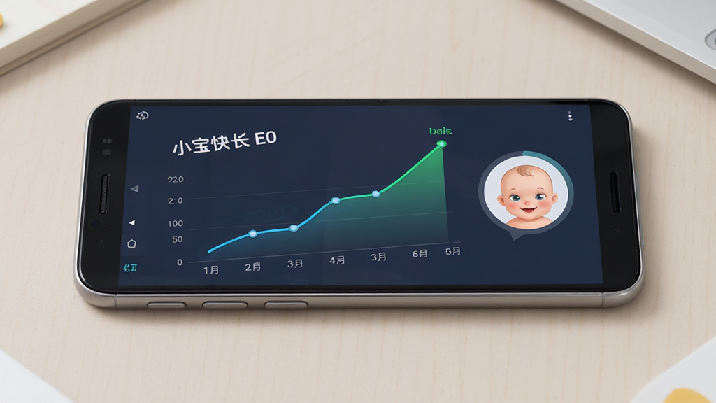 主体为一部安卓手机屏幕显示小宝快长的数据记录页面,布局为手机正面平放,排版为屏幕内容居中,风格为科技数码产品展示风,细节包括手机边框金属质感、屏幕内显示成长曲线和宝宝头像、背景为浅色桌面、光线均匀,画质高清,干净,无多余元素
