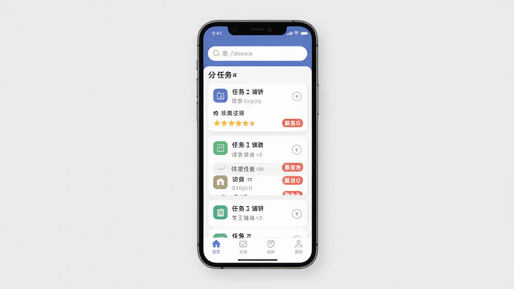 零工铺手机应用界面展示图,主体为一部竖屏智能手机,屏幕中显示零工铺APP首页,布局包含顶部搜索栏、中部任务列表卡片和底部导航菜单,排版简洁有序,风格为现代扁平化设计,细节包含任务分类图标和薪资标签,画质清晰,干净,无多余元素